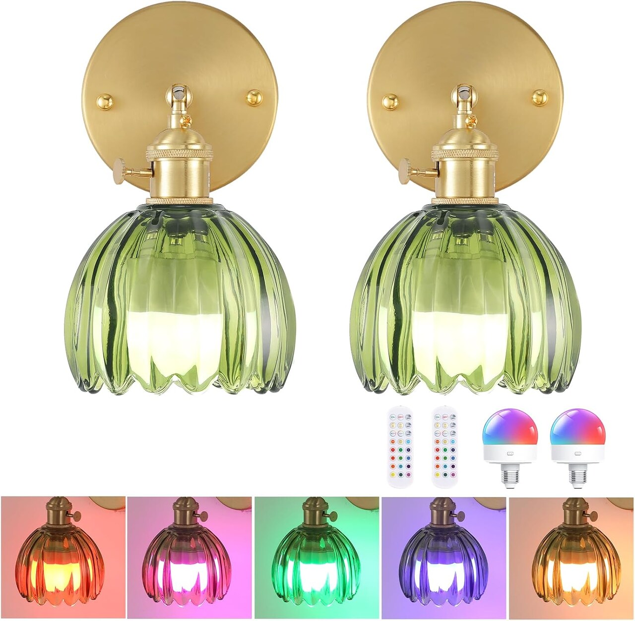 Vintage Battery Operated Wall Sconce with Green Tulip Glass Lampshade Rechargeable Battery Powered Wall Light with Remote Control for Bedside Bedroom Doorway, Set of 2